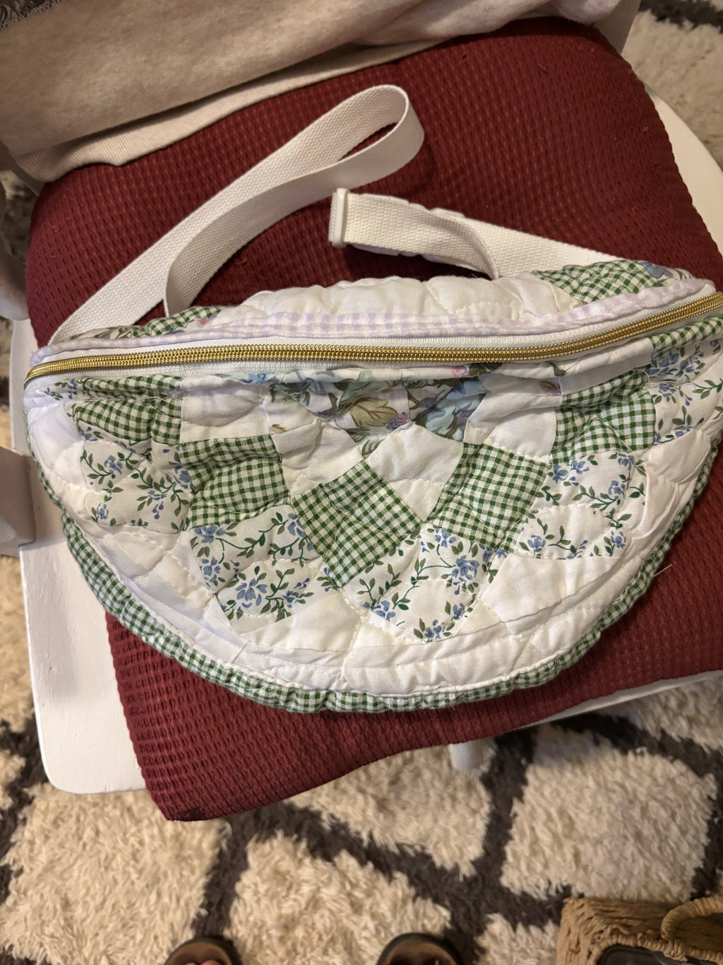 Quilted Patchwork Fanny Pack – Green Gingham & Blue Floral