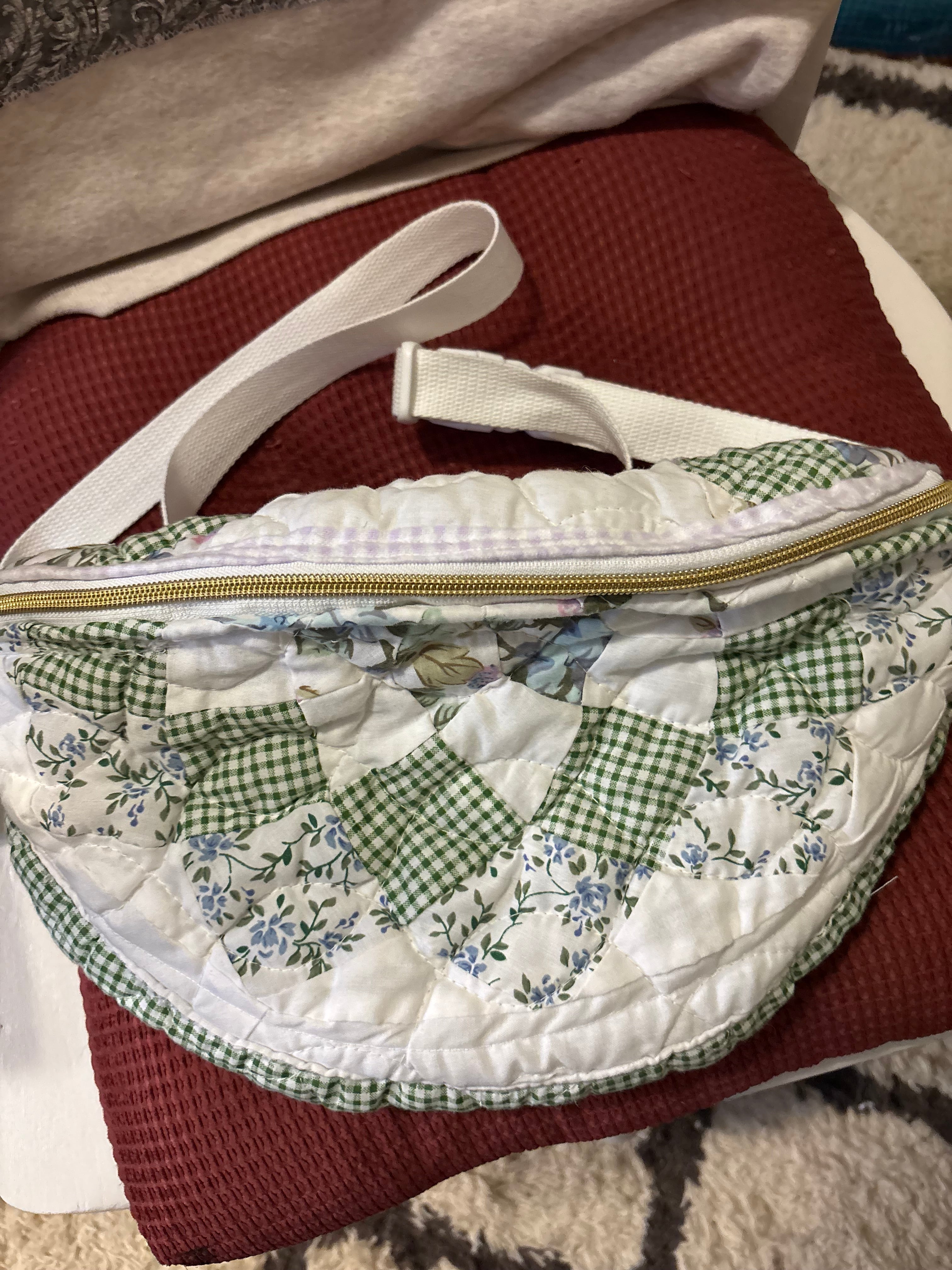 Quilted Patchwork Fanny Pack – Green Gingham & Blue Floral